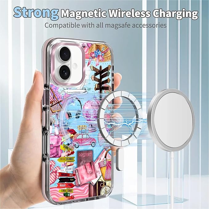 Case for iPhone 16,[Compatible with MagSafe],Cover Holiday Trip World Map Phone Case Design，for Women Girls Magnetic Clear Cover - Slim, Sleek, & Shockproof Protection