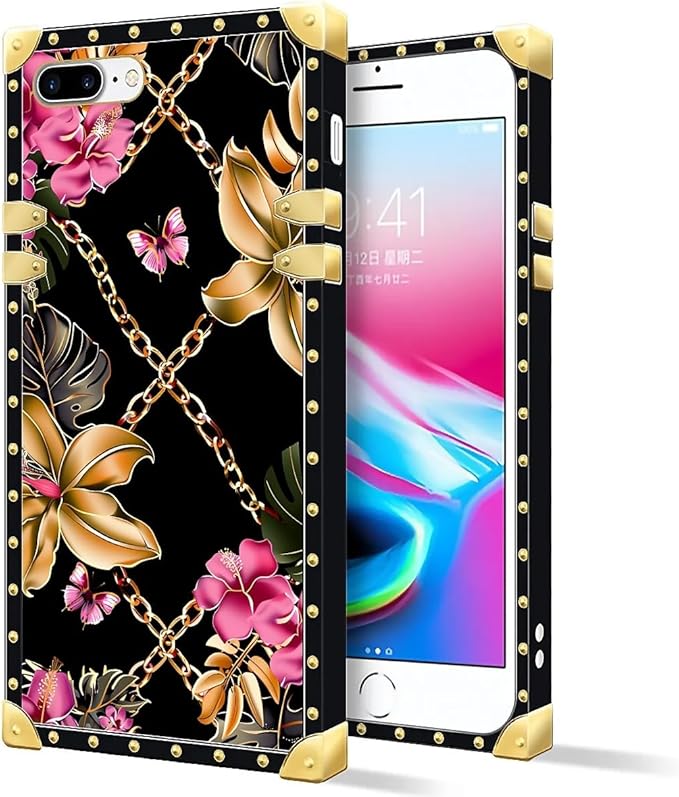 Compatible with iPhone 8 7 SE Case, Pink Golden Chain Tropical Flower Luxury Golden Decoration for Girl Women Soft TPU Shockproof Protective Hard PC Back for iPhone 8 7 SE