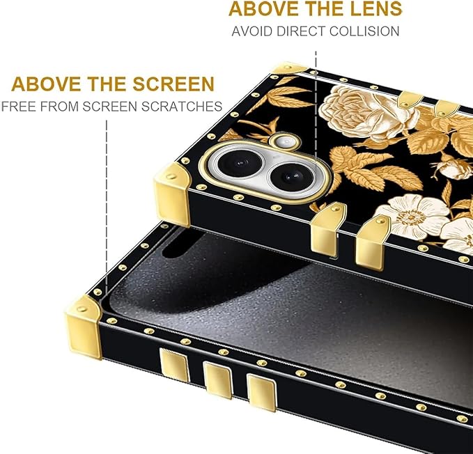 for iPhone 17 Case Luxury Golden Decoration for Girl Women Soft TPU Shockproof Protective Hard PC Back for iPhone 17 Crazy Pattern Blooming Rose Golden Flower