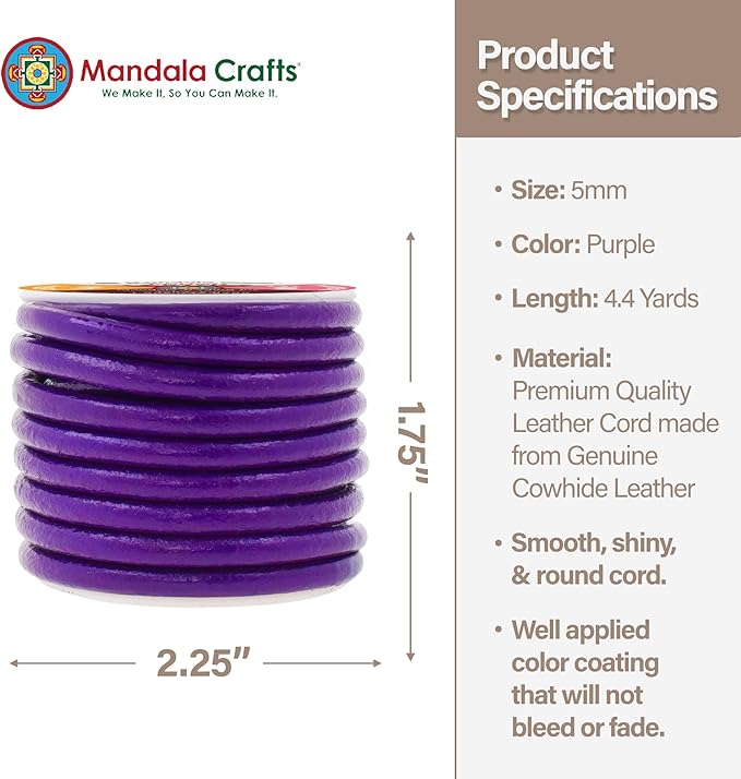 Mandala Crafts Round Genuine Purple Leather Cord for Jewelry Making – 5mm Cowhide Leather Rope String Lace for Kumihimo – 4.4 Yards Cowhide Craft Cording Spool