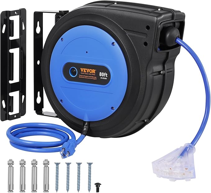 VEVOR 80FT Retractable Extension Cord Reel, 12AWG/3C SJTOW Heavy Duty Power Cord w/Lighted Electrical Triple Tap Outlets, 15A Circuit Breaker,180° Swivel Bracket for Workshop or Garage, Blue