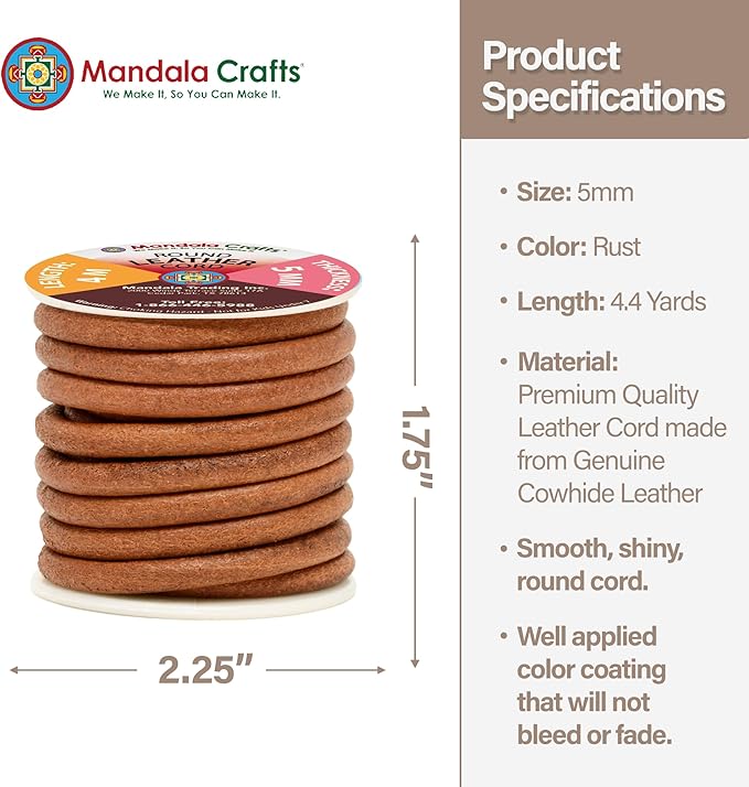 Mandala Crafts Round Cowhide Genuine Rust Leather Cord for Jewelry Making Kumihimo Leather Rope Spool - Rust 4.4 Yds 5mm Cording