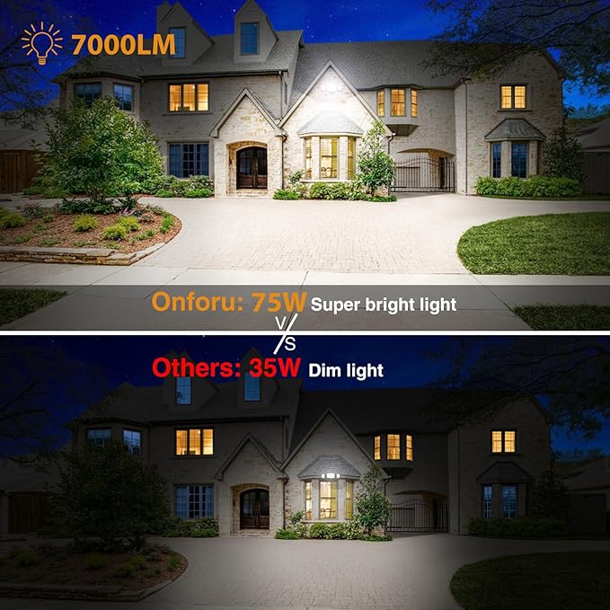 Onforu 3 Packs 75W LED Security Light, 7000LM Outdoor Flood Lights Fixture with 3 Adjustable Heads, IP65 Waterproof, 6500K White Brightness Exterior Wall Mount Security Light for Eave, Yard(White)