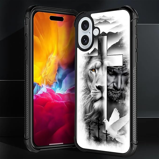 for iPhone 16 Case, Lion Cross Jesus Christ Dove Pattern Graphic Design Girl Boy Soft Silicone Hard Acrylic Shock Protection for iPhone 16