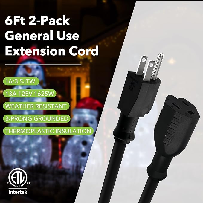 BN-LINK 6ft Indoor Outdoor Extension Cord 16/3 SJTW, 2 Pack, Black, 3-Prong, Weather Resistant & Flame Retardant, for Indoor, Garden, Landscaping & Holiday Decorations, ETL