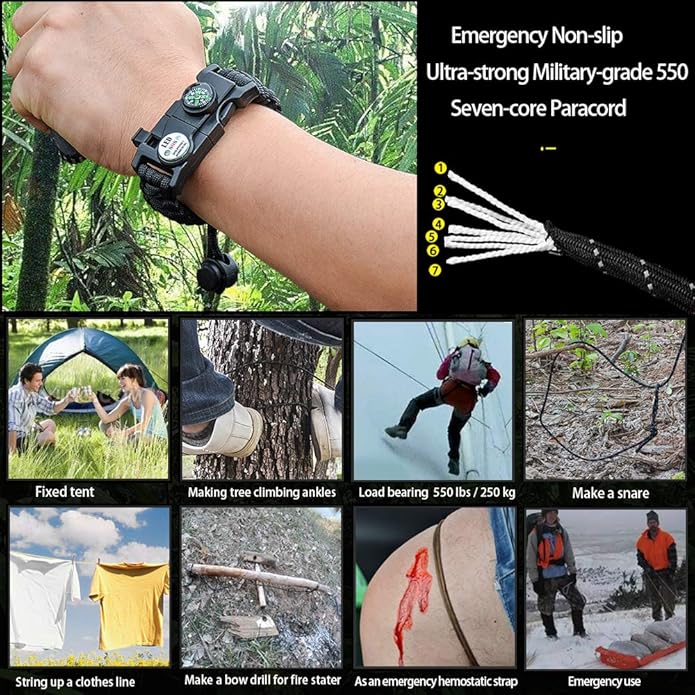 Survival Paracord Bracelet,Fire Starter,Waterproof SOS Light, Compass, Whistle, Adjustable AK87 20 in 1,Outdoor Ultimate Tactical Survival Gear Set,Gift for Kids,Men