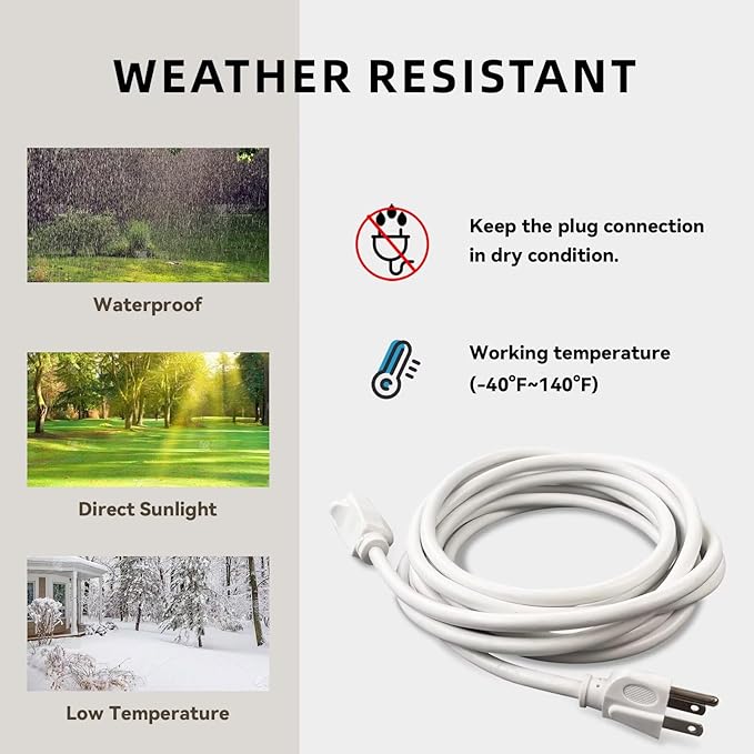 6ft Outdoor Extension Cord for Christmas Decorations - 16/3 Heavy Duty SJTW Waterproof White Electrical Cable with 3 Prong Grounded Plug for Safety, Great for Lawn and Major Appliances