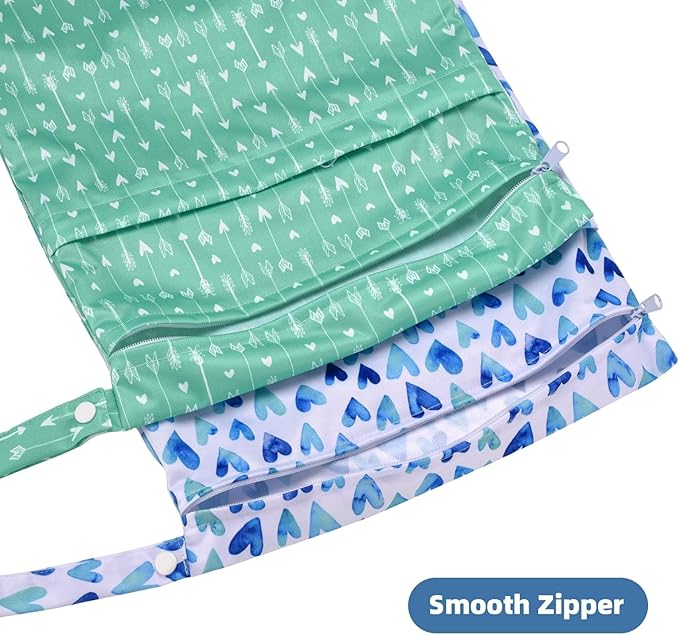 2pcs Cloth Diaper Wet Dry Bags Waterproof Reusable with Two Zippered Pockets Stroller Travel Beach Pool Daycare Soiled Baby Item Yoga Gym Bag for Swimsuits or Wet Clothes-Green Hearts