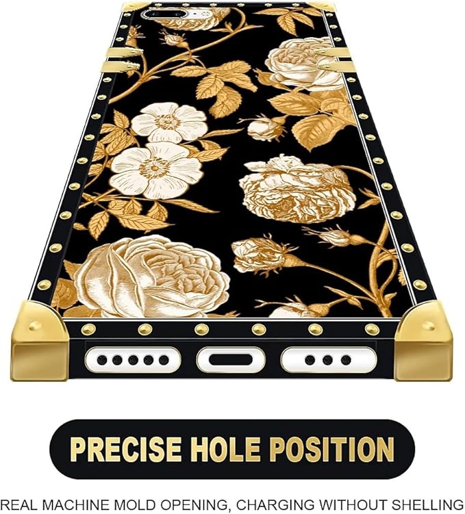 Compatible with iPhone 8 7 SE Case, Blooming Rose Golden Flower Luxury Golden Decoration for Girl Women Soft TPU Shockproof Protective Hard PC Back for iPhone 8 7 SE