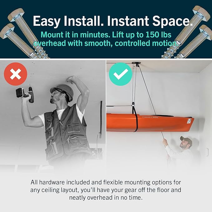 StoreYourBoard Kayak and Canoe Ceiling Hoist – Overhead Garage Storage Rack for Kayaks, Canoes, and Paddle Gear – Heavy Duty Pulley System Indoor Ceiling Mount