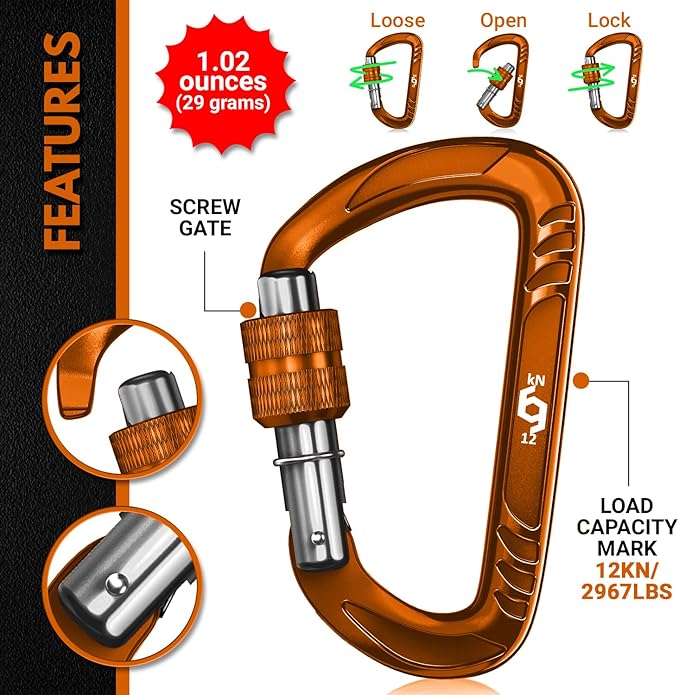 Rhino Produxs 12kN (2697 lbs) Heavy Duty Carabiner Clips, for Securing Pets, Outdoor, Camping, Hiking, Hammock, Dog Leash Harness, Keychains
