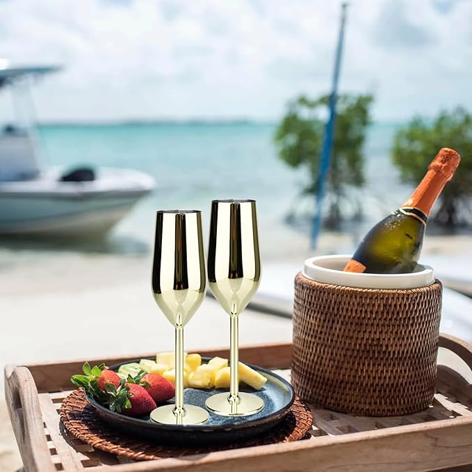 TJ Unbreakable 8 Oz Stainless Steel Champagne Flutes (4 Pack)- Gold Champagne Glasses - Reusable Indoor Outdoor Drinkware - Keeps Drink Cool for Longer - Gift Idea
