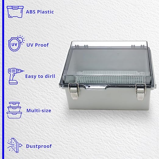 MAKERELE Small Waterproof Electrical Junction Box Clear ABS Plastic Dustproof Boxes Hinged Shell Outdoor Universal Project Enclosure with Clear Cover 8.6×6.7×4.3 inch (220×170×110mm)
