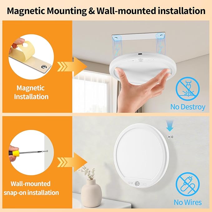USB C Rechargeable Motion Sensor Ceiling Light 750LM with Remote, 3000K 4000K 6500K Magnetic No Wiring LED Ceiling Light Battery Powered for Shower Stairs Hallway Porch Pantry Garage Patio Shed