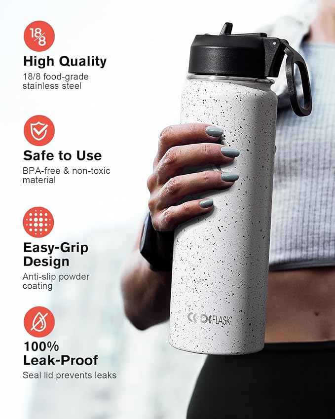 Coolflask Water Bottle 24 oz Insulated with Straw, Stainless Steel Metal 3 Lids Water Flask Wide Mouth for Sports or Office, Non-BPA Keep Cold Up to 48 Hrs or Hot Up to 24 Hrs, Arctic White