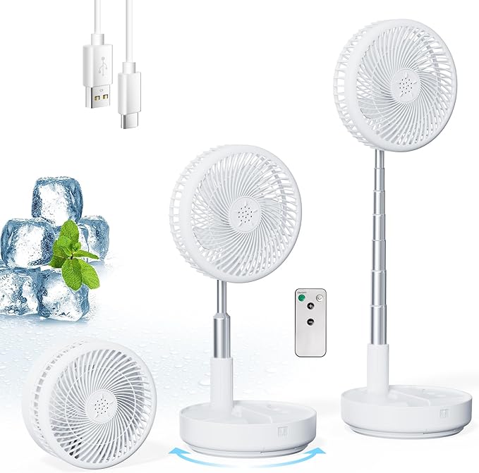 Portable Oscillating Rechargeable Fan, Battery Operated with 4 Speed Settings & Remote Control, Desk Travel Pedestal Fan for Sleeping, Camping, Cruise, RV - White 8" USB C