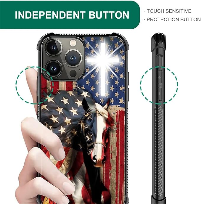 for iPhone 15 Pro Case, Red American Flag Horse Cross Pattern Graphic Design Girl Boy Soft Silicone Hard Acrylic Shock Protection for iPhone 15 Pro