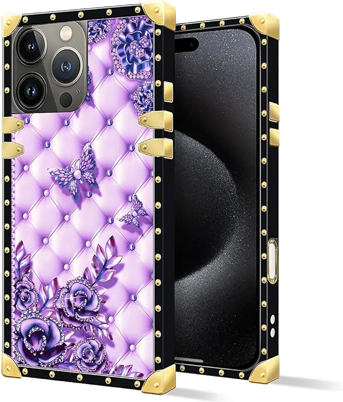Compatible with iPhone 16 Pro Max Case, Purple Butterfly Flowers Leaf Luxury Golden Decoration for Girl Women Soft TPU Shockproof Protective Hard PC Back