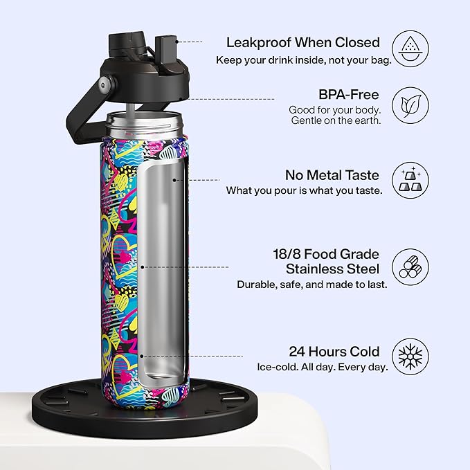 ENCOOL Insulated Water Bottle with Straw Stainless Steel Water Bottle, Leak-Proof, BPA-Free, Double Wall Vacuum Keeps Cold for 24 Hours for Sports, Travel, School (26 oz, Playing Suits)