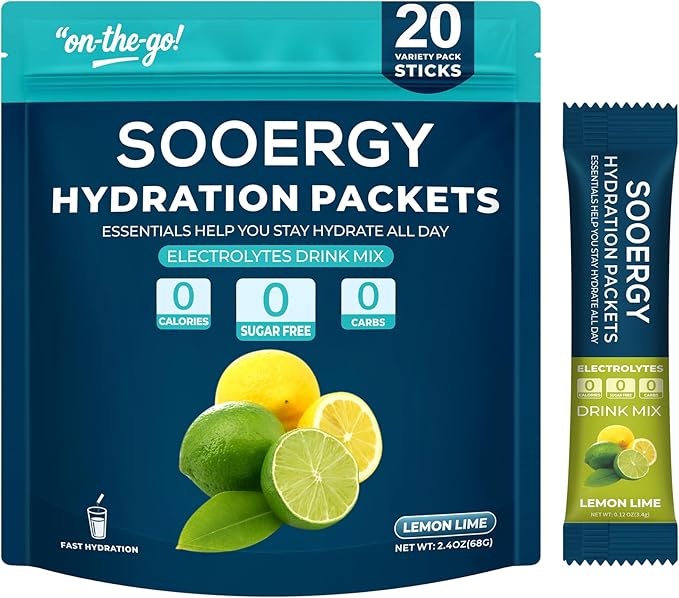 Electrolytes Powder Packets Sugar Free Hydration Packets, Liquid Daily IV Electrolyte Drink Mixex for Rehydration with Electrolytes, Vitamins, 0 Calorie, Lemon Lime Flavor, 20 Sticks