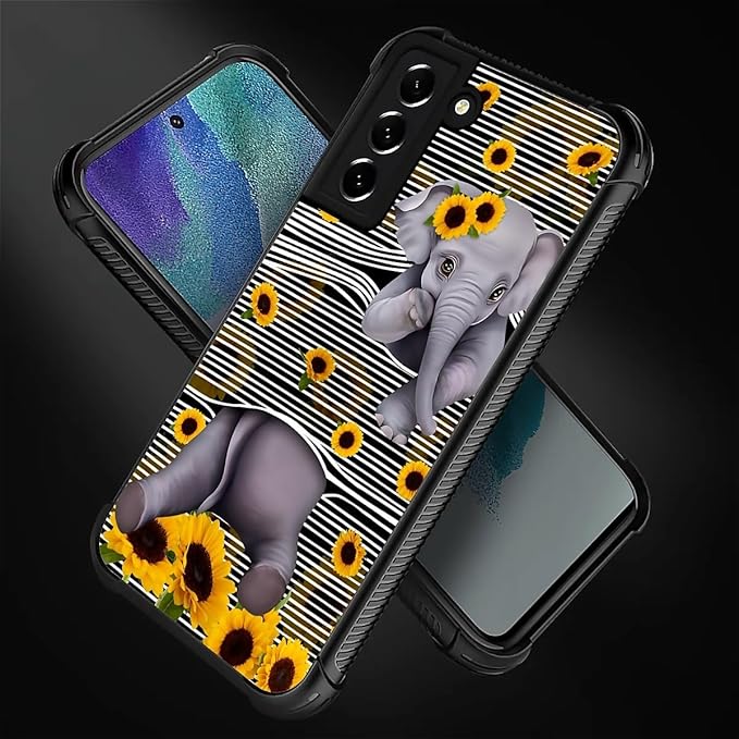 for Samsung Galaxy S21 Case, Cute Little Elephant Sunflower White Line Art Pattern Graphic Design Girl Boy Soft Silicone Hard Acrylic Shock Protection for Samsung Galaxy S21