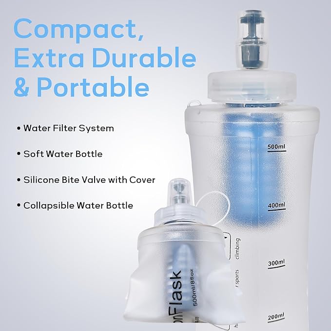 1L Soft Flask Water Bottle, Collapsible Water Bottle with Filter, Perfect for Hiking, Backpacking, and Camping - White