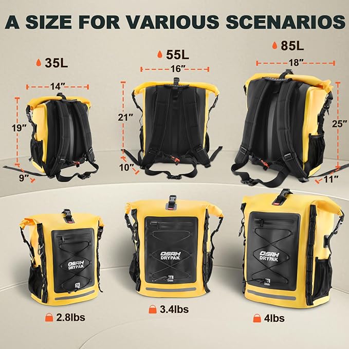 OSAH DRYPAK Waterproof Backpack Dry Bag 35L/55L/85L – Heavy Duty Roll-Top Hiking Backpack for Travel, Kayaking, Boating, Camping, Rafting and Fishing