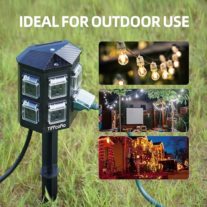 TiFFCOFiO Outdoor Power Strip with Stake Waterproof, 30 FT Extension Cord, 6 Grounded Outlets for Outdoor Lights, 14 AWG, 15A/1875W, ETL Listed