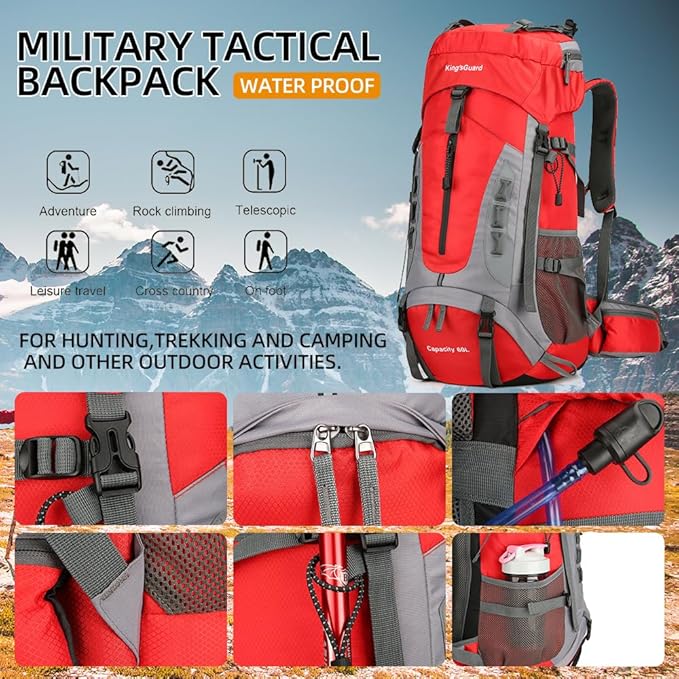 King'sGuard 60L Hiking Backpack for Men and Women Lightweight Camping Hiking Backpack with Rain Cover Large Waterproof Travel Backpack Backpacking Pack (Red)
