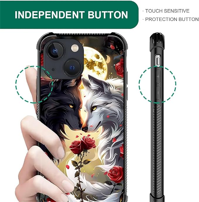 for iPhone 14 Plus Case, Black White Wolf Moon Flower Rose Pattern Made of Soft Silicone Hard Acrylic Shock Protection for iPhone 14 Plus