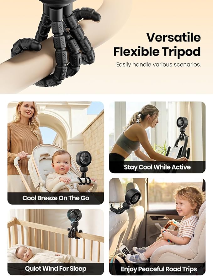 Warmco Portable Stroller Fan, 4000mAh Rechargeable Clip On Fan with Flexible Tripod (Up to 15H), 4 Speeds, LED Display, Detachable Grille, Quiet Operation, for Car Seat, Crib & Treadmill