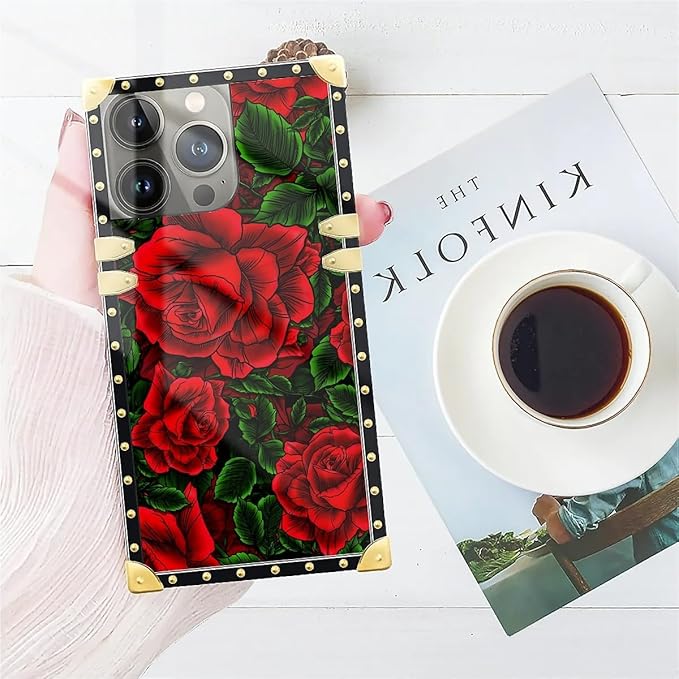 Compatible with iPhone 14 Pro Max Case, Vector Red Rose Green Leaf Luxury Golden Decoration for Girl Women Soft TPU Shockproof Protective Hard PC Back for iPhone 14 Pro Max
