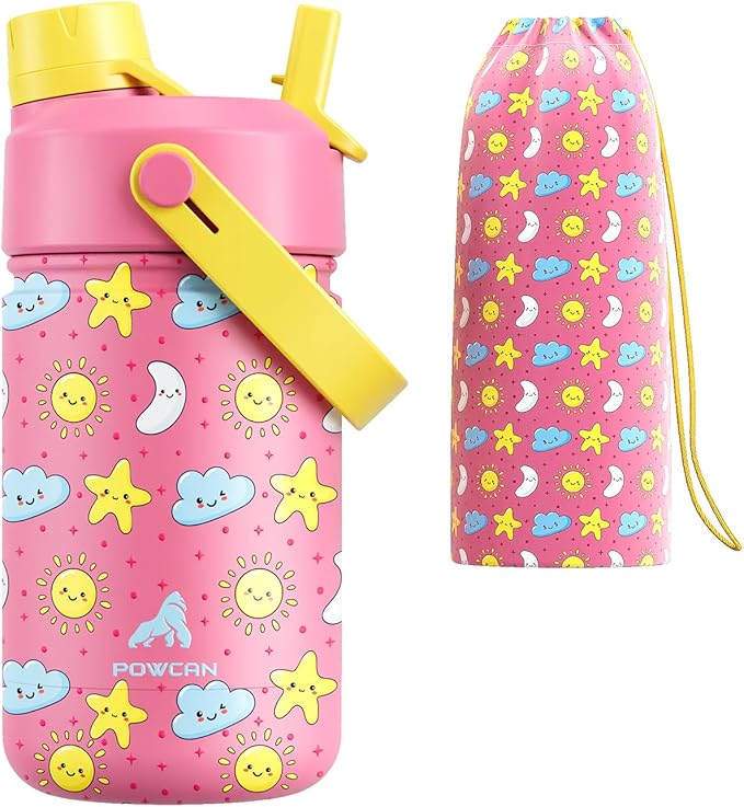 12 oz Kids Water Bottle for Girls: Leakproof, BPA-Free, Durable Straw Spout Lid, 24H Cold, Cute Patterns, Insulated Stainless Steel Cup with Carrier Bag for School, Trip, Camping, Daily (Sunny Dreams)