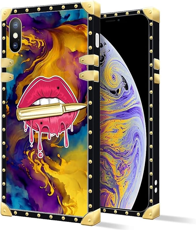 Compatible with iPhone Xs Max Case, Cool Corlorful Lip Marble Luxury Golden Decoration for Girl Women Soft TPU Shockproof Protective Hard PC Back for iPhone Xs Max