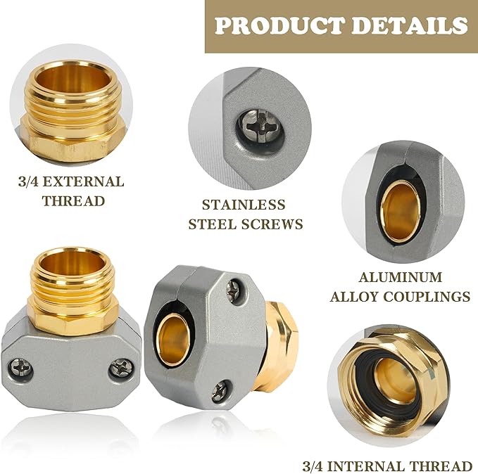 Hourleey Garden Hose Repair Kit - Aluminum Alloy End Mender, Male & Female Fittings, Fit 5/8" & 3/4" Hose, 2 Extra Washers
