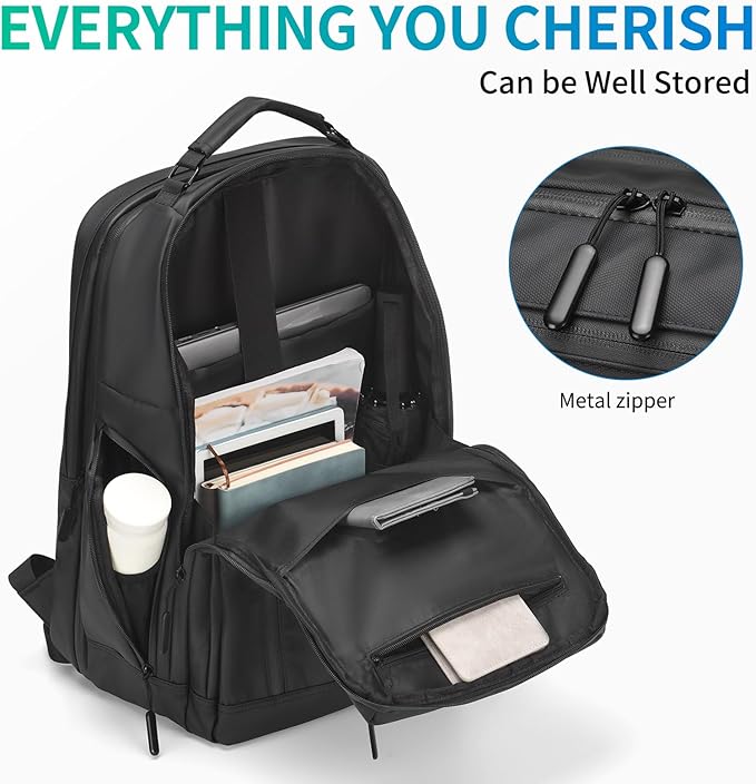 Expandable Business Backpack with 17" Laptop Compartment - Waterproof, Airline Approved, 33L-42L Capacity, for Work & Travel, Black