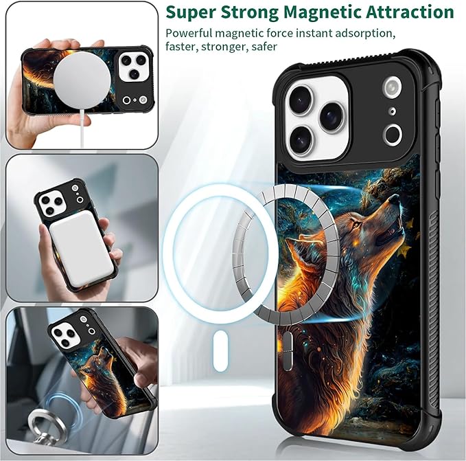 for iPhone 17 Pro Max Case,for MagSafe Graphic Design for Girl Boy Soft Silicone Hard Acrylic Shock Protection Designed for iPhone 17 Pro Max Star Cave Hungry Wolf Pattern