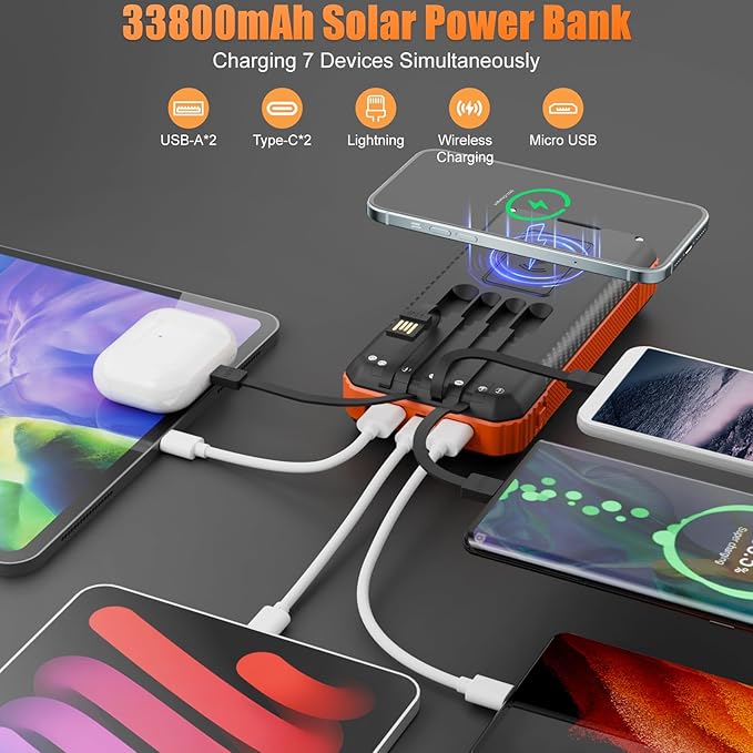Solar Power Bank 33800mAh with Super Bright LED Flashlight, Built-in 4 Cables & Wireless Charging, Portable Charger with Compass, 7 Outputs & 4 Inputs for Camping/Hiking(Orange)