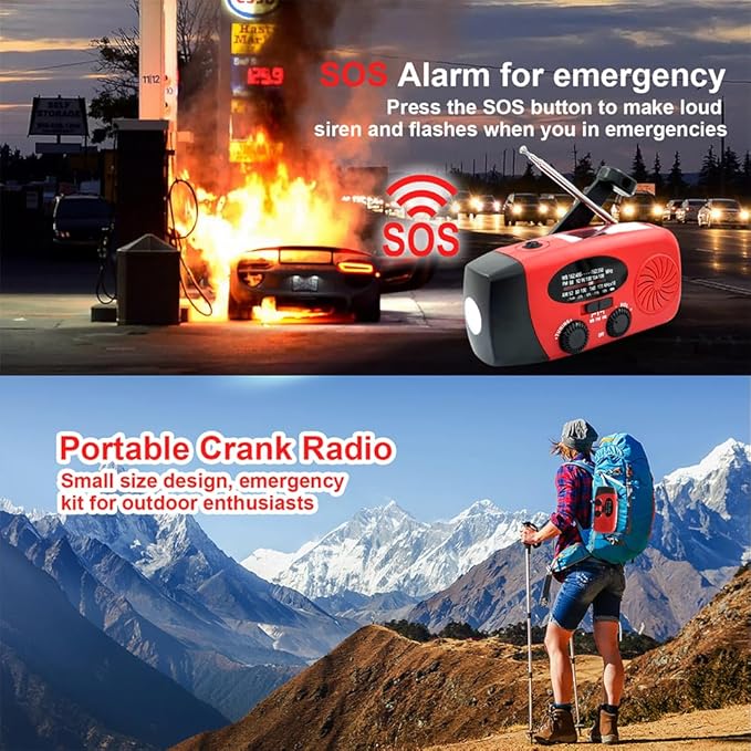 Hand Crank Emergency Radio, AM/FM/NOAA Weather Radio with 2000mAh Battery Operated, Solar Powered & USB Charging, Flashlight, Reading Light,SOS Alarm, Headphone Jack for Outdoor Indoor