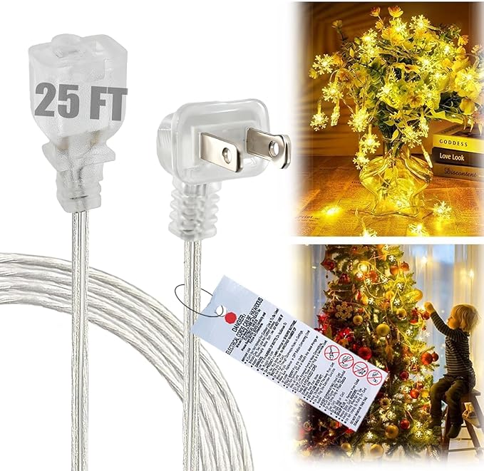 25FT Clear Extension Cord, Indoor Thin and Slim Extension Cord,18AWG lamp Cords, 2 Prong, ETL-Certified, Ultra-Thin Power Cable for Christmas Decor