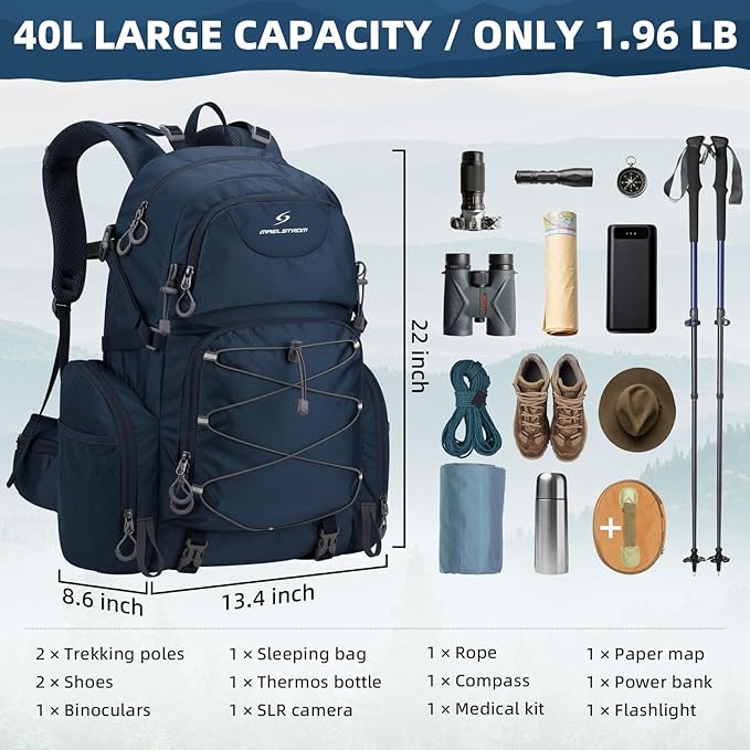 Maelstrom Hiking Backpack, 40L Waterproof Camping Daypack for Men and Women, Lightweight Travel Pack with Rain Cover (Blue)