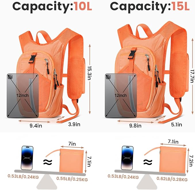 Small Hiking Backpack 15L- Lightweight Packable Foldable Backpack for Travel Camping Outdoor Commute, Compact Rucksack for Women Men(Orange)