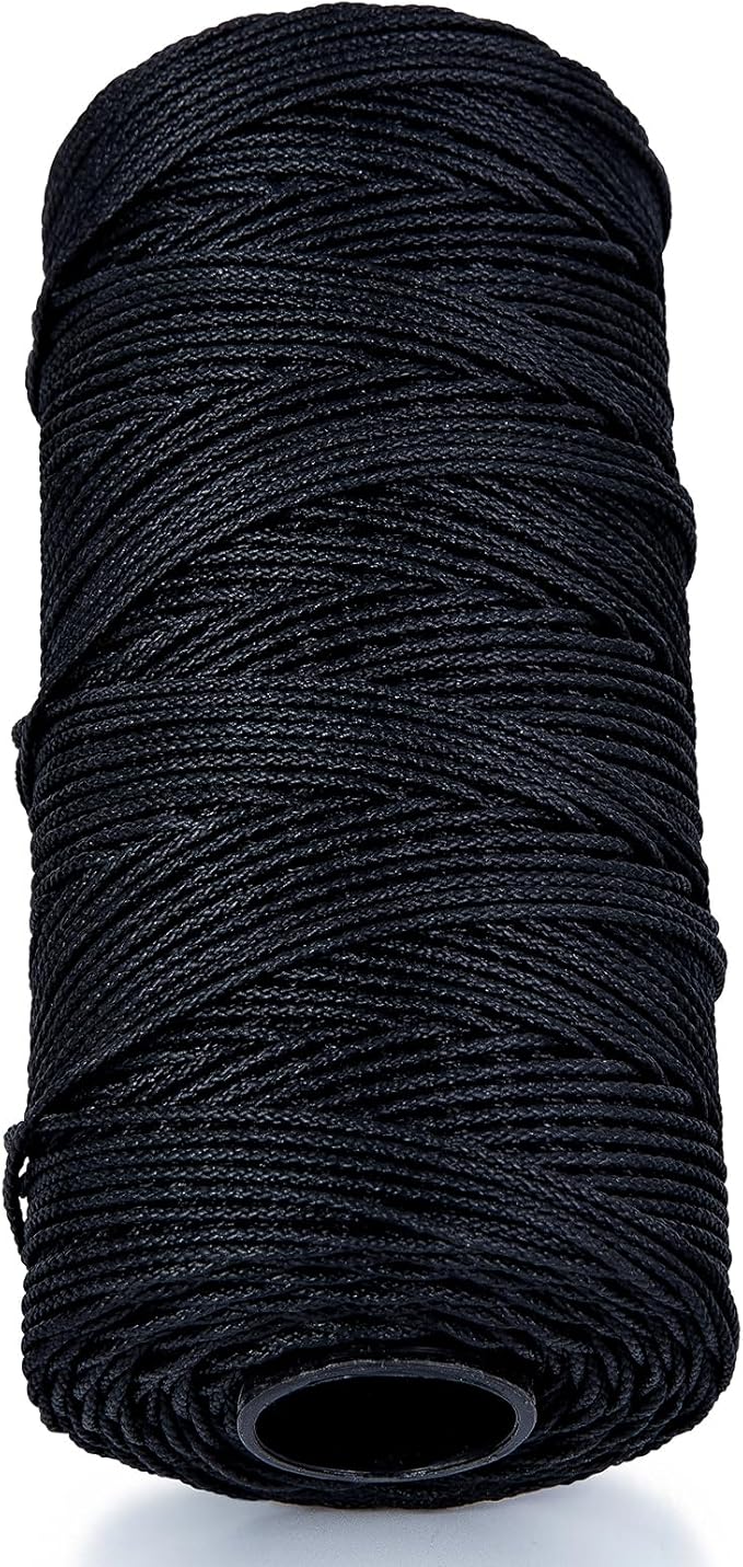 HONGDA Braided Black Nylon String, #18 Tarred Bank Line Twine, 487 Feet Black Tarred String 1.5mm for Gardening, Construction, Gear Tying, Jungle Survival