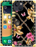 Compatible with iPhone 14 Case, Pink Golden Chain Tropical Flower Luxury Golden Decoration for Girl Women Soft TPU Shockproof Protective Hard PC Back for iPhone 14
