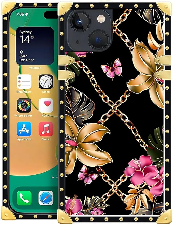 Compatible with iPhone 14 Case, Pink Golden Chain Tropical Flower Luxury Golden Decoration for Girl Women Soft TPU Shockproof Protective Hard PC Back for iPhone 14