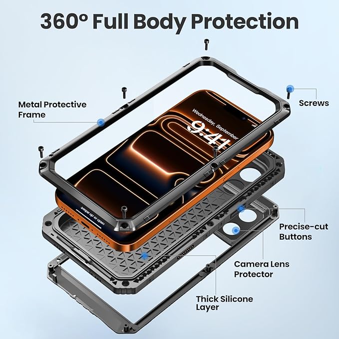 Mitywah Waterproof Case for iPhone 17 Pro, Rugged Metal Case with Built-in Screen Protector, Heavy Duty Full Body Shockproof Protective Cover 6.3 inch, Black