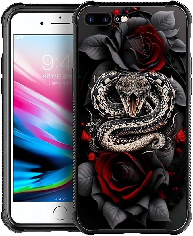 for iPhone 7 Plus/8 Plus Case, Entwined Rose Snake Pattern Graphic Design for Girl Boy, Soft Silicone Hard Acrylic Shock Protection