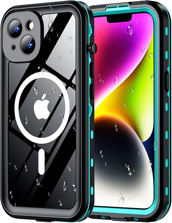 Red2Fire for iPhone 14 Case Waterproof, [Built-in Screen Protector & Camera Protector][Compatible with MagSafe][Full Body Shockproof][IP68 Waterproof][Dustproof] Phone Case 6.1" Blue/Clear