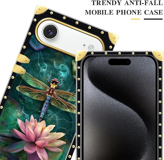 for iPhone 17 Air Case Luxury Golden Decoration for Girl Women Soft TPU Shockproof Protective Hard PC Back for iPhone 17 Air Crazy Pattern Colourful Dragonfly Pink Lily Pads