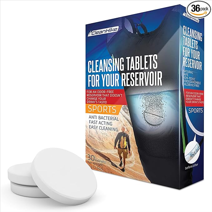 CleanHike Hydration Bladder Cleaning Tablets, 36 Count - Hydration Pack & Water Reservoir Cleaner Tablets, Individually Wrapped Effervescent Tabs, Removes Stains & Odors, Mint Scent, Travel Ready